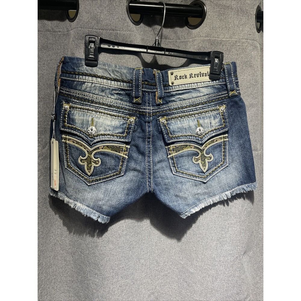 Rock Revival Lousie Shorts Womens Size 29 Blue Denim Frayed Ends Embroidered